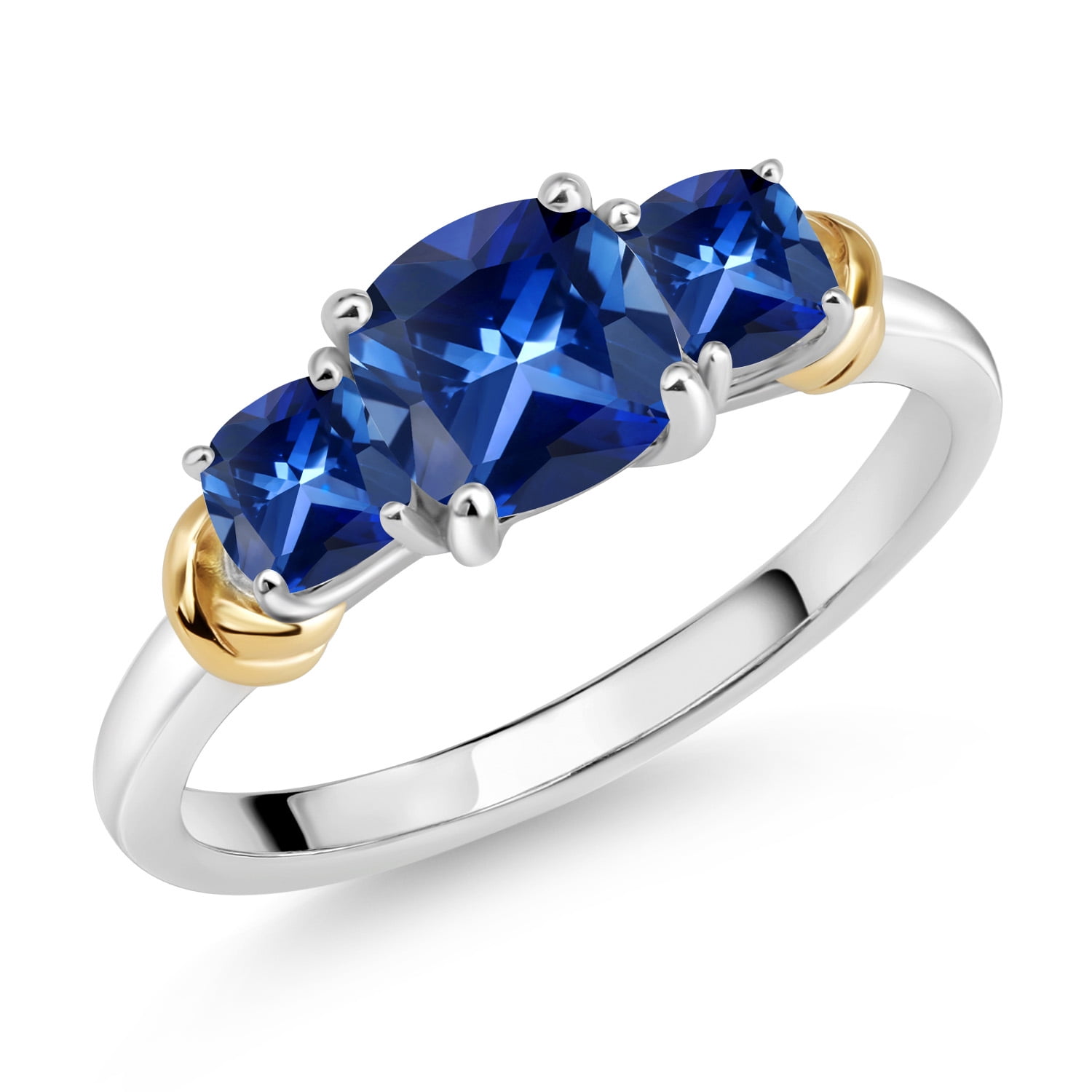 Gem Stone King 925 Sterling Silver and 10K Yellow Gold Blue Created Sapphire 3 Stone Engagement Ring for Women (1.69 Cttw, Cushion Cut 6MM and 4MM, Available in Size 5, 6, 7, 8, 9)