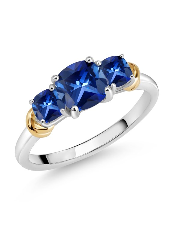 925 Sterling Silver and 10K Yellow Gold Blue Created Sapphire 3 Stone Engagement Ring for Women (1.69 Cttw, Cushion Cut 6MM and 4MM, Available in Size 5, 6, 7, 8, 9)