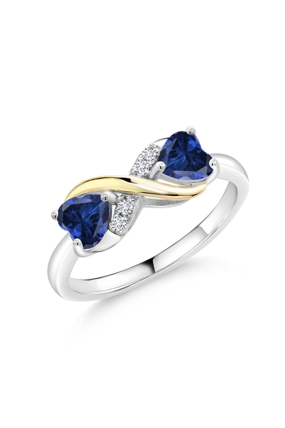 925 Sterling Silver and 10K Yellow Gold Blue Created Sapphire and Lab Grown Diamond Women Ring (1.04 Ct Heart Shape, Available in Size 5, 6, 7, 8, 9)