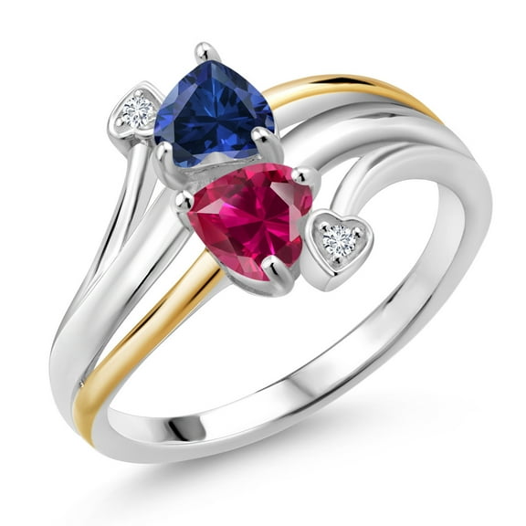 Gem Stone King 925 Sterling Silver and 10K Yellow Gold Blue Created Sapphire and Red Created Ruby Ring for Women (1.12 Cttw, Size 6)