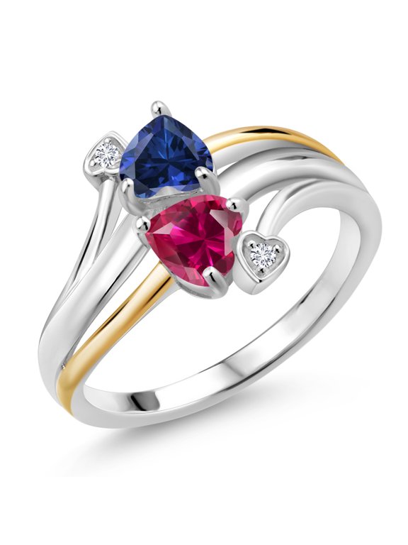 925 Sterling Silver and 10K Yellow Gold Blue Created Sapphire and Red Created Ruby Ring for Women (1.12 Cttw, Size 8)