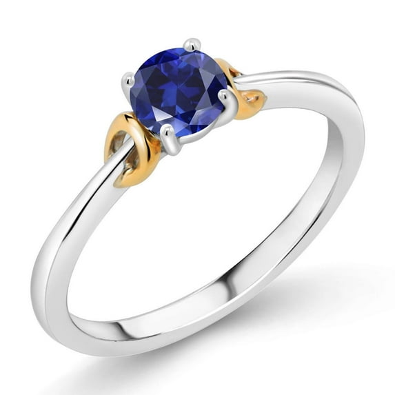 Gem Stone King 925 Sterling Silver and 10K Yellow Gold Blue Created Sapphire Solitaire Engagement Ring for Women (0.60 Cttw, Round 5MM, Gemstone September Birthstone, Size 7)