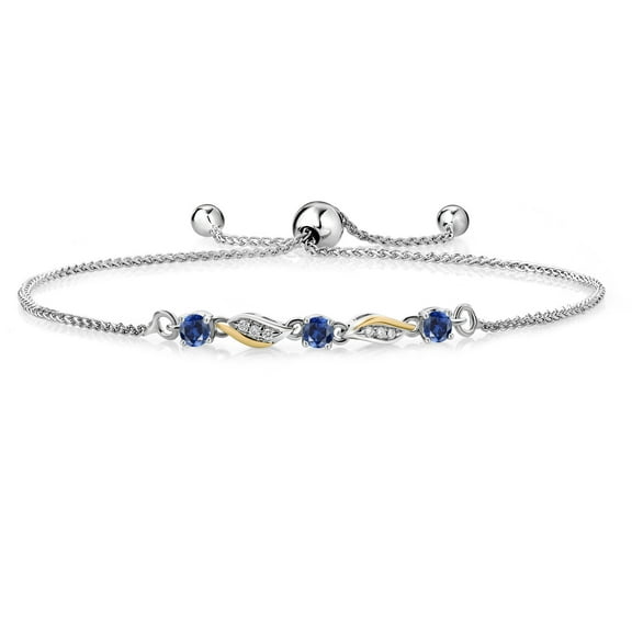 Gem Stone King 925 Sterling Silver and 10K Yellow Gold Blue Created Sapphire and White Lab Grown Diamond Tennis Bracelet for Women (0.46 Cttw, Fully Adjustable up to 9 inch)
