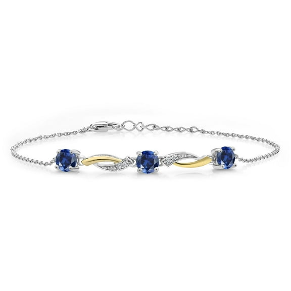 Gem Stone King 925 Sterling Silver and 10K Yellow Gold Blue Created Sapphire and White Lab Grown Diamond Tennis Bracelet for Women (1.84 Cttw, 7 inch with 1 inch Extender)