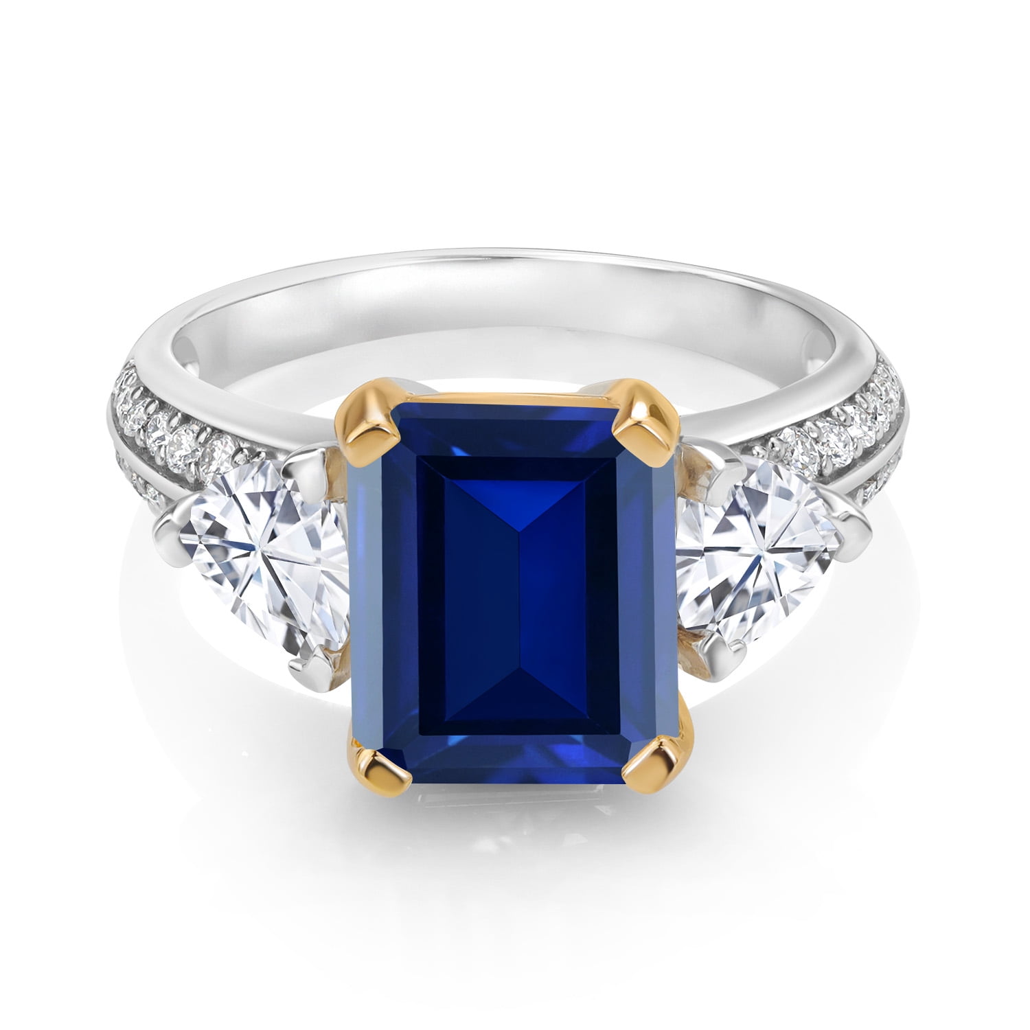 Gem Stone King 5.13 Cttw Blue Created Sapphire and White Moissanite 3-Stone Engagement Ring for Women | 925 Sterling Silver and 10K Yellow Gold | Emerald Cut 10X8MM | Size 6