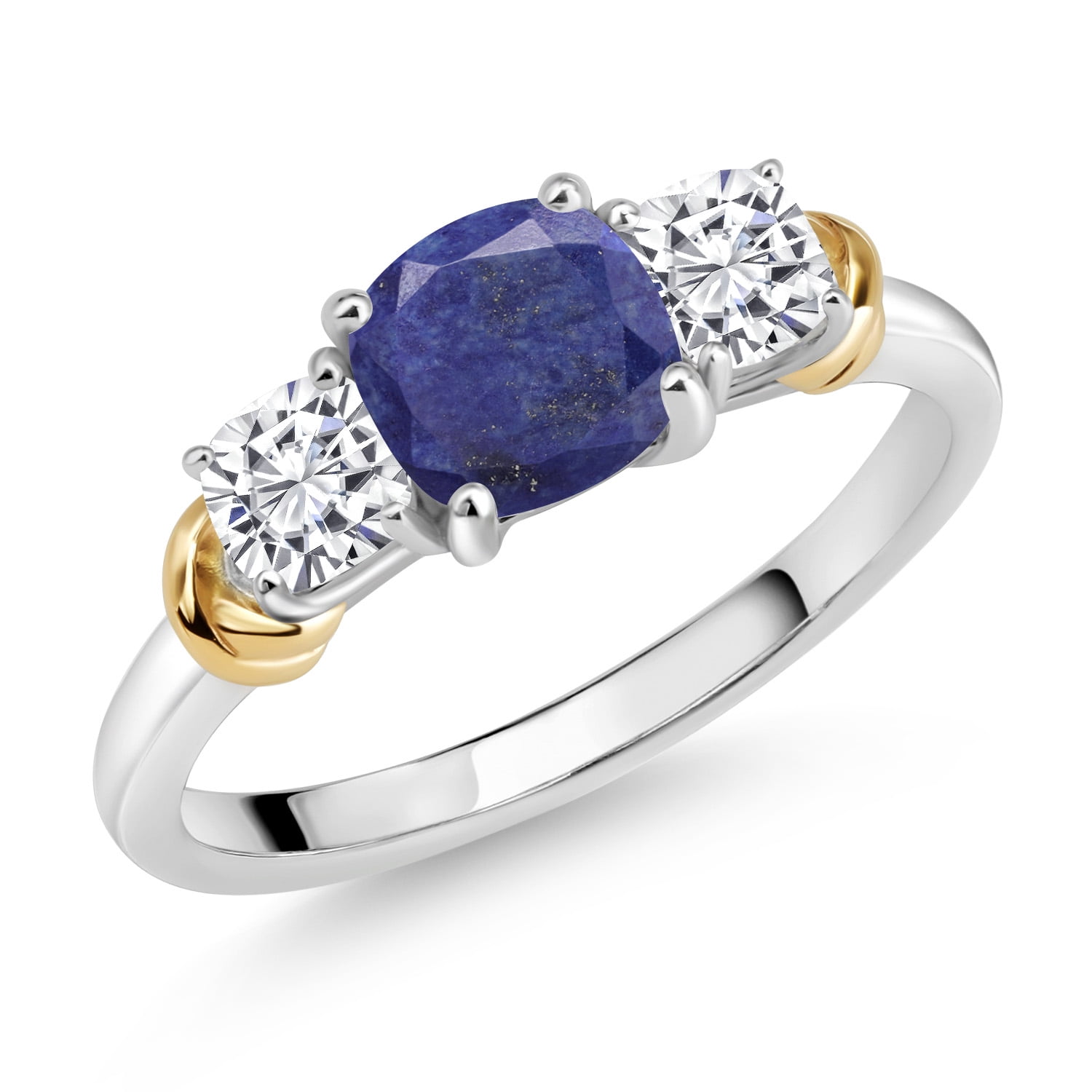 Gem Stone King 925 Sterling Silver and 10K Yellow Gold Blue Lapis and White Moissanite 3 Stone Engagement Ring for Women (1.64 Cttw, Cushion Cut 6MM and 4MM, Available in Size 5, 6, 7, 8, 9)
