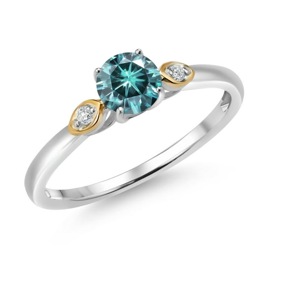 Gem Stone King 925 Sterling Silver and 10K Yellow Gold Blue Moissanite and White Lab Grown Diamond 3 Stone Engagement Ring for Women (0.53 Cttw, Round Gemstone, Size 8)