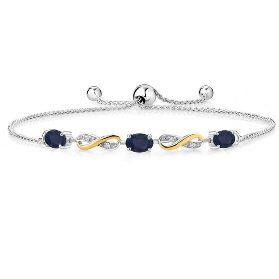 Gem Stone King 1.70 Cttw Blue Sapphire and Lab Grown Diamond Tennis Infinity Bracelet for Women | 925 Sterling Silver and 10K Yellow Gold | Oval 6X4MM | Fully Adjustable up to 9 inch