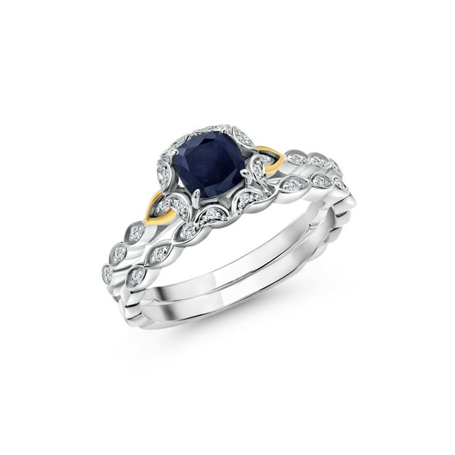 Gem Stone King 925 Sterling Silver and 10K Yellow Gold Blue Sapphire and White Lab Grown Diamond Bridal Ring Set for Women (0.83 Cttw, 5MM Cushion Cut, Available in Size 5,6,7,8,9)