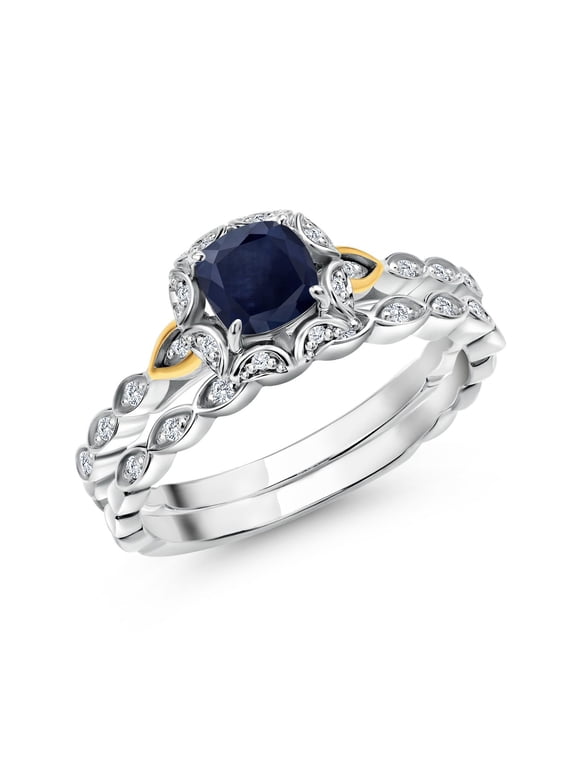 925 Sterling Silver and 10K Yellow Gold Blue Sapphire and White Lab Grown Diamond Bridal Ring Set for Women (0.83 Cttw, 5MM Cushion Cut, Available in Size 5,6,7,8,9)