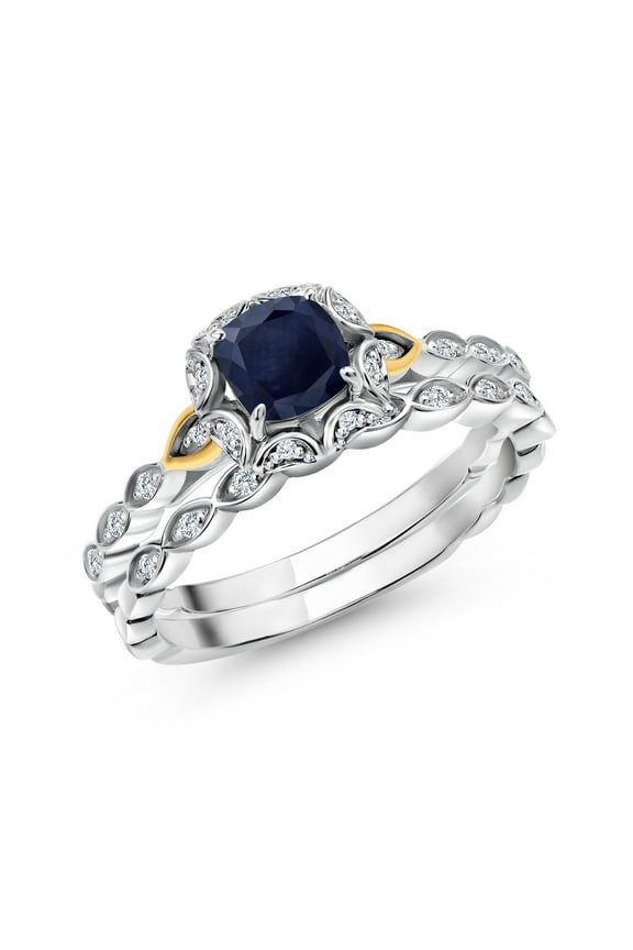 925 Sterling Silver and 10K Yellow Gold Blue Sapphire and White Lab Grown Diamond Bridal Ring Set for Women (0.83 Cttw, 5MM Cushion Cut, Available in Size 5,6,7,8,9)