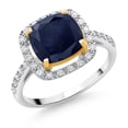 thumbnail image 1 of Gem Stone King 925 Sterling Silver and 10K Yellow Gold Blue Sapphire & White Lab Grown Diamond Engagement Ring for Women (3.03 Cttw, Cushion Cut 8MM, Available in Size 5-9), 1 of 4