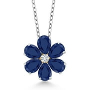 GEM STONE KING 925 Sterling Silver and 10K Yellow Gold Blue Sapphire and White Lab Grown Diamond Pear Shape Flower Pendant Necklace for Women (3.07 Cttw, Gemstone Birthstone, with 18 inch Chain)