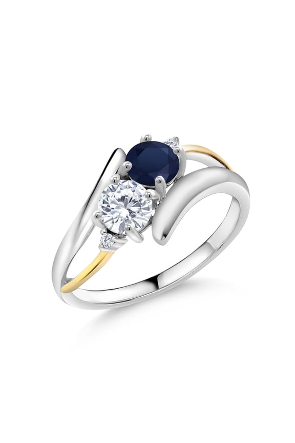 925 Sterling Silver and 10K Yellow Gold Blue Sapphire and White Lab Grown Diamond Two Stone Crossover Ring for Women (1.12 Cttw, Gemstone Birthstone, Size 9)