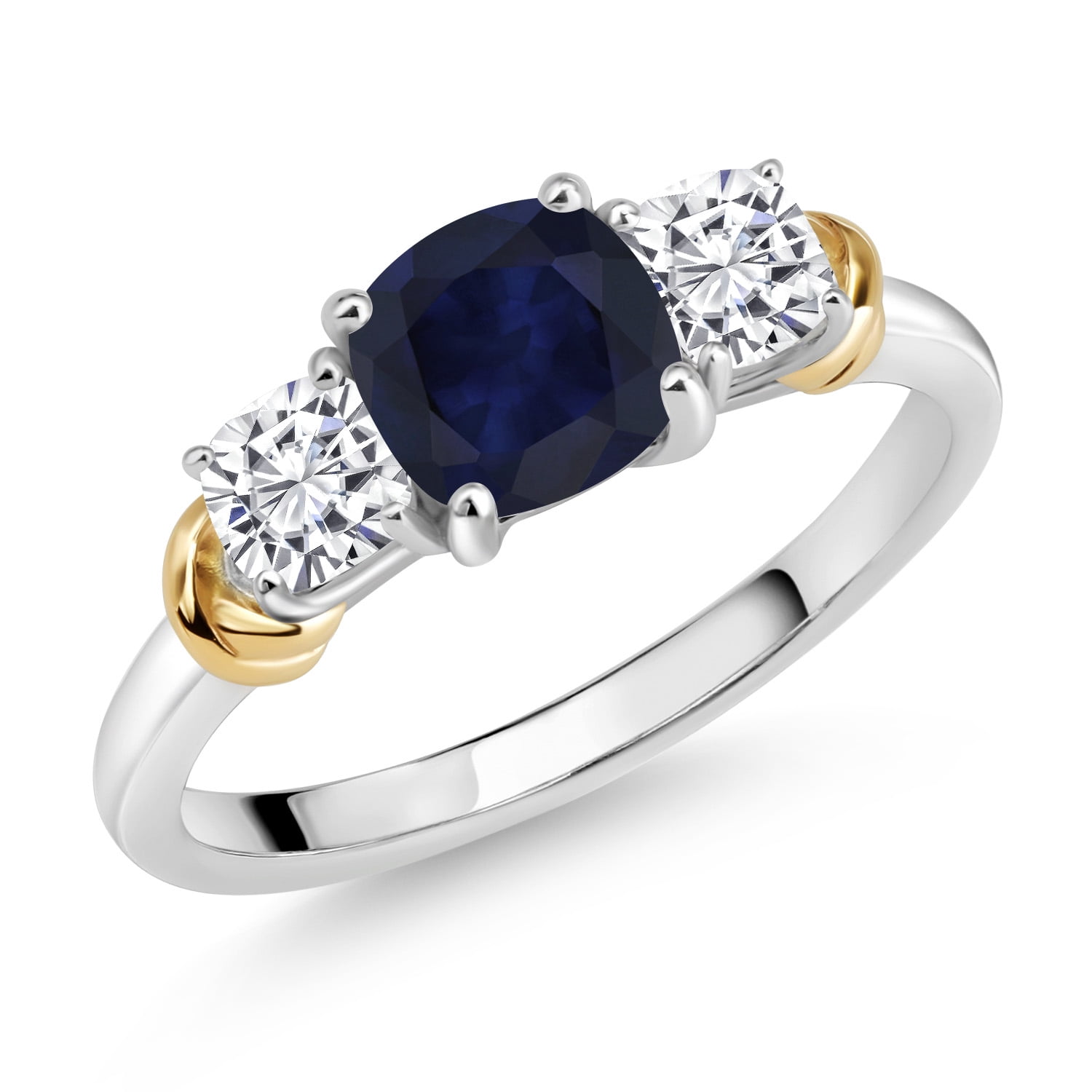 Gem Stone King 925 Sterling Silver and 10K Yellow Gold Blue Sapphire and White Moissanite 3 Stone Engagement Ring for Women (1.94 Cttw, Cushion Cut 6MM and 4MM, Available in Size 5, 6, 7, 8, 9)
