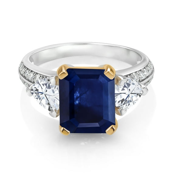Gem Stone King 925 Sterling Silver and 10K Yellow Gold Blue Sapphire and White Moissanite 3 Stone Engagement Ring for Women (4.58 Cttw, Emerald Cut 10X8MM, Size 8)