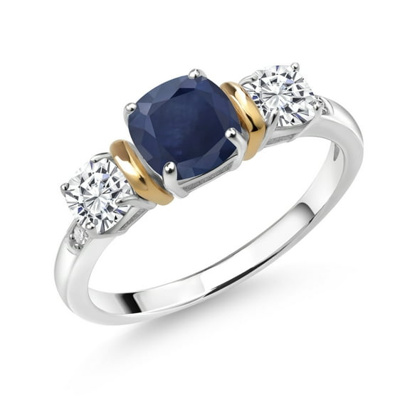 Gem Stone King 925 Sterling Silver and 10K Yellow Gold Blue Sapphire White Moissanite and White Diamond 3-Stone Engagement Ring (1.96 Cttw, Gemstone Birthstone, Size 5)