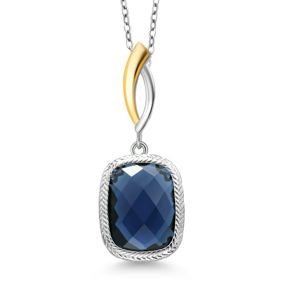 Gem Stone King 925 Sterling Silver and 10K Yellow Gold Blue Simulated Sapphire Pendant Necklace for Women (2.30 Cttw, 13X9MM Cushion Checkerboard Cut, 18 inch Chain)