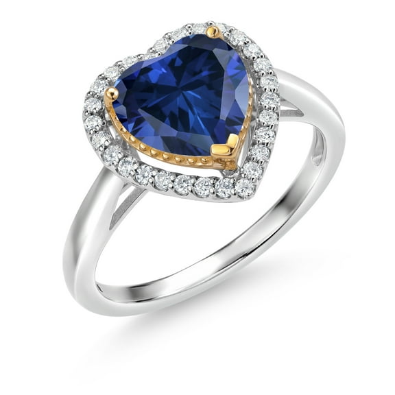 Gem Stone King 925 Sterling Silver and 10K Yellow Gold Blue Simulated Sapphire and White Lab Grown Diamond Engagement Ring for Women (1.20 Cttw, Heart Shape 8MM, Size 9)