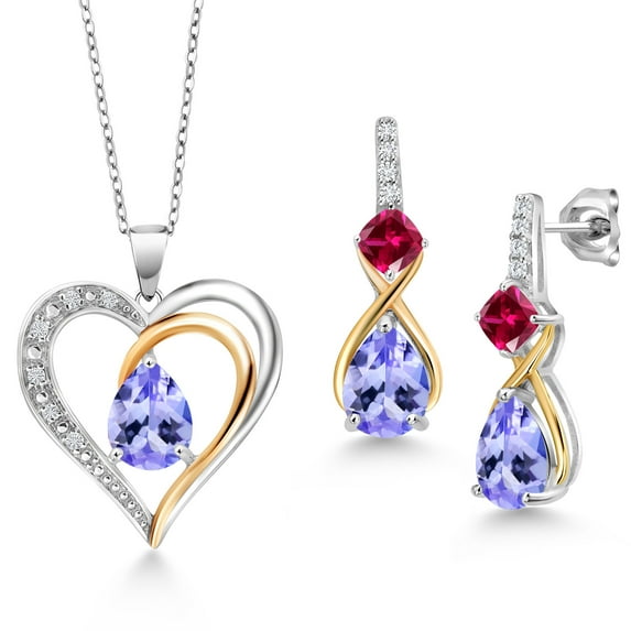 Gem Stone King 925 Sterling Silver and 10K Yellow Gold Blue Tanzanite Red Created Ruby and White Lab Grown Diamond Pendant Necklace Earrings Set for Women (2.35 Cttw, with 18 inch Chain)