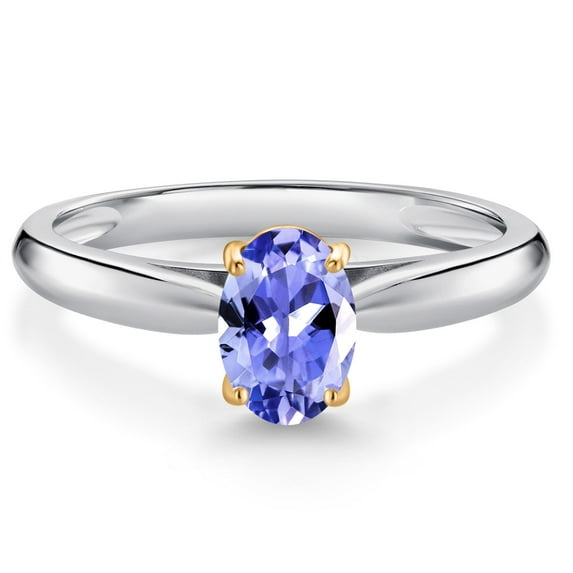 Gem Stone King 925 Sterling Silver and 10K Yellow Gold Blue Tanzanite Solitaire Engagement Ring for Women (0.75 Cttw, Oval 7X5MM, Gemstone December Birthstone, Available in Size 5, 6, 7, 8, 9)
