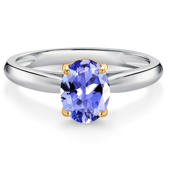 Gem Stone King 925 Sterling Silver and 10K Yellow Gold Blue Tanzanite Solitaire Engagement Ring for Women (1.16 Cttw, Oval 8X6MM, Gemstone December Birthstone, Available in Size 5, 6, 7, 8, 9)