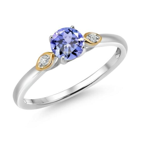 Gem Stone King 925 Sterling Silver and 10K Yellow Gold Blue Tanzanite and White Lab Grown Diamond 3 Stone Engagement Ring for Women (0.49 Cttw, Round Gemstone December Birthstone, Size 8)