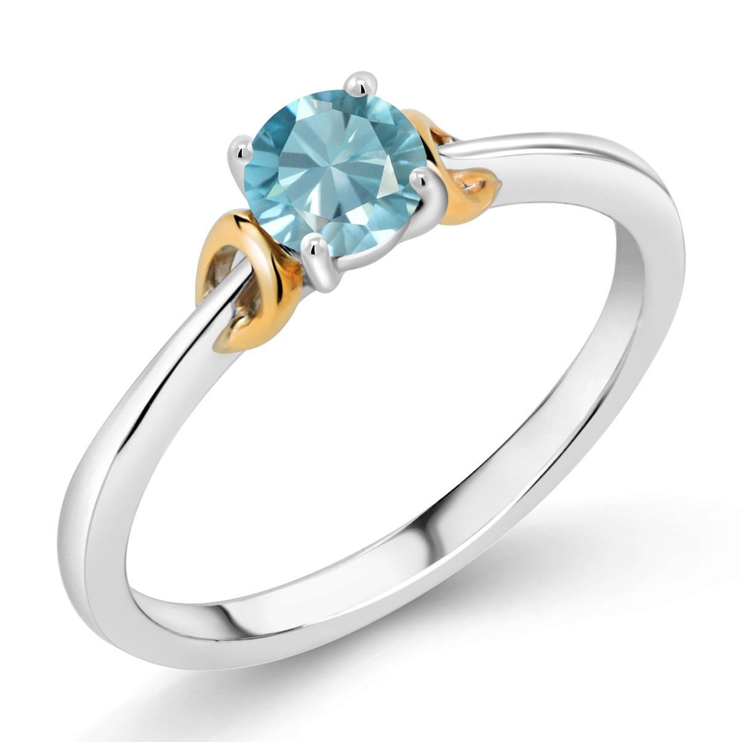 Gem Stone King 925 Sterling Silver and 10K Yellow Gold Blue Zircon Solitaire Engagement Ring for Women (0.85 Cttw, Round 5MM, Gemstone Birthstone, Size 5)