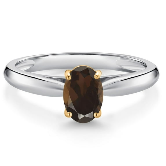 Gem Stone King 925 Sterling Silver and 10K Yellow Gold Brown Smoky Quartz Solitaire Engagement Ring for Women (0.75 Cttw, Oval 7X5MM, Gemstone Birthstone, Available in Size 5, 6, 7, 8, 9)