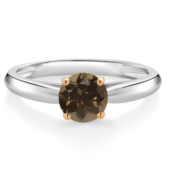 Gem Stone King 925 Sterling Silver with 10K Yellow Gold Brown Smoky Quartz Solitaire Engagement Ring for Women (0.80 Cttw, Gemstone Birthstone, Round 6MM, Available in Size 5, 6, 7, 8, 9)