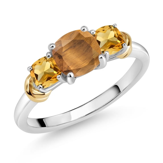 Gem Stone King 925 Sterling Silver and 10K Yellow Gold Brown Tiger Eye and Yellow Citrine 3 Stone Engagement Ring for Women (1.60 Cttw, Cushion Cut 6MM and 4MM, Available in Size 5, 6, 7, 8, 9)