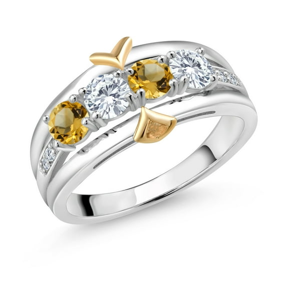 Gem Stone King 925 Sterling Silver and 10K Yellow Gold Citrine and White Moissanite 4 Stone Lab Grown Diamond Band Ring (1.02 Cttw, Gemstone Birthstone, Size 6)