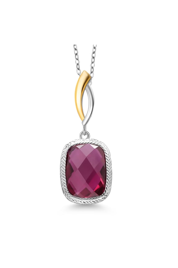 2.30 Cttw Created Ruby Pendant Necklace for Women | 925 Sterling Silver and 10K Yellow Gold | 13X9MM Cushion Checkerboard Cut | With 18 inch Chain
