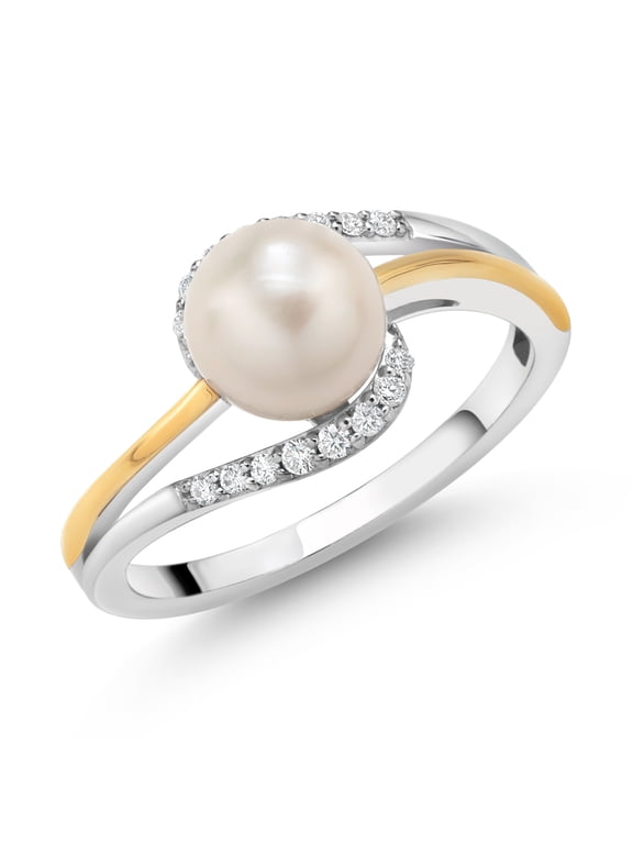 7-7.5MM Cultured Freshwater Pearl and Lab Grown Diamond Ring for Women | 925 Sterling Silver and 10K Yellow Gold | Fine Jewelry Gift for Her Mom Wife (Size 6)
