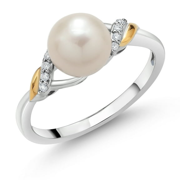 Gem Stone King Cultured Freshwater Pearl and Lab Grown Diamond Ring for Women | 925 Sterling Silver and 10K Yellow Gold | Round 7-7.5MM Pearl | Size 5