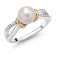 thumbnail image 1 of Gem Stone King Cultured Freshwater Pearl and White Lab Grown Diamond Ring for Women | 925 Sterling Silver and 10K Yellow Gold | Round 7-7.5MM Pearl| Size 7, 1 of 5