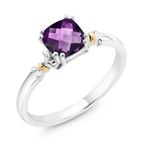 Gem Stone King 925 Sterling Silver and 10K Yellow Gold Cushion Checkerboard Purple Amethyst Engagement Ring for Women (0.70 Cttw, Gemstone Birthstone, Available in Size 5, 6, 7, 8, 9)