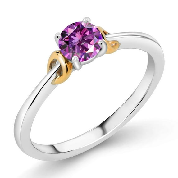 Gem Stone King 925 Sterling Silver and 10K Yellow Gold Fancy Purple Zirconia Solitaire Engagement Ring for Women (0.46 Cttw, Round 5MM, Gemstone Birthstone, Size 6)