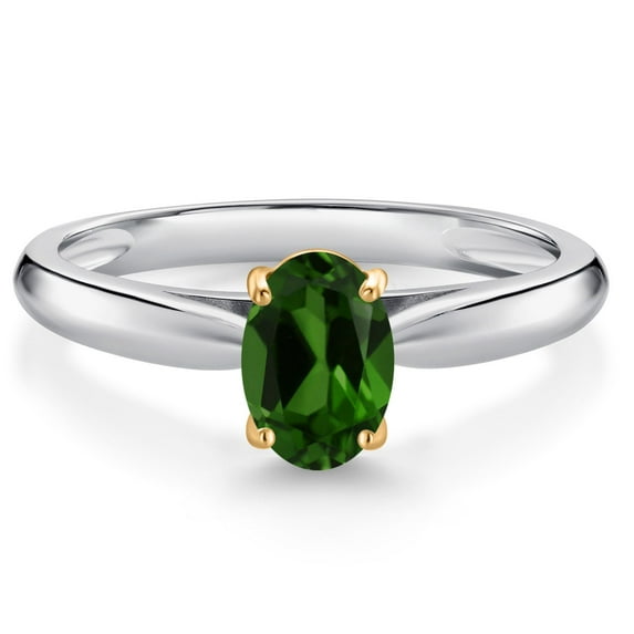 Gem Stone King 925 Sterling Silver and 10K Yellow Gold Green Chrome Diopside Solitaire Engagement Ring for Women (0.70 Cttw, Oval 7X5MM, Gemstone Birthstone, Available in Size 5, 6, 7, 8, 9)
