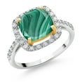 thumbnail image 1 of Gem Stone King 925 Sterling Silver and 10K Yellow Gold Green Malachite and White Lab Grown Diamond Engagement Ring for Women (3.21 Cttw, Cushion Cut 8MM, Available in Size 5, 6, 7, 8, 9), 1 of 4