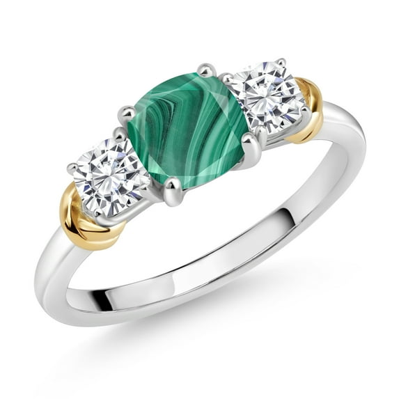 Gem Stone King 925 Sterling Silver and 10K Yellow Gold Green Malachite and White Moissanite 3 Stone Engagement Ring for Women (2.14 Cttw, Cushion Cut 6MM and 4MM, Available in Size 5, 6, 7, 8, 9)