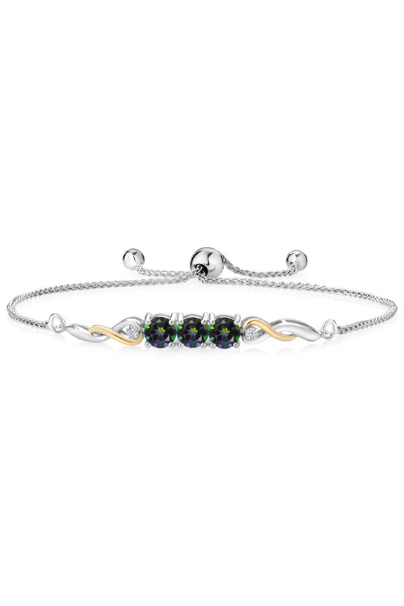 925 Sterling Silver and 10K Yellow Gold Green Mystic Topaz and White Lab Grown Diamond Tennis Bracelet for Women (1.67 Cttw, Gemstone Birthstone, Fully Adjustable up to 9 inch)