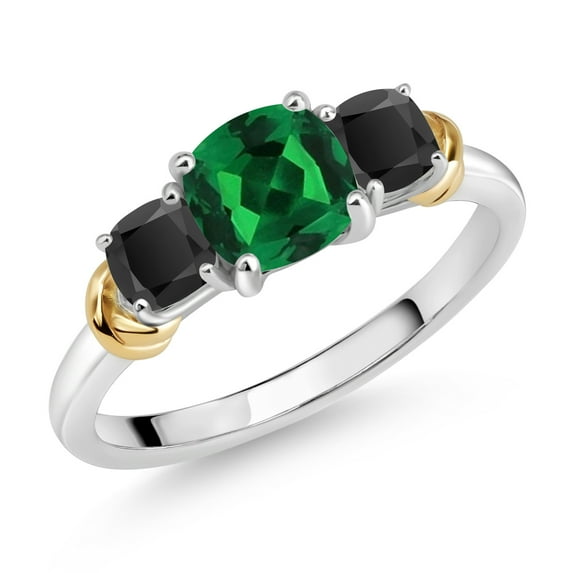 Gem Stone King 925 Sterling Silver and 10K Yellow Gold Green Nano Emerald and Black Onyx 3 Stone Engagement Ring for Women (1.56 Cttw, Cushion Cut 6MM and 4MM, Available in Size 5, 6, 7, 8, 9)