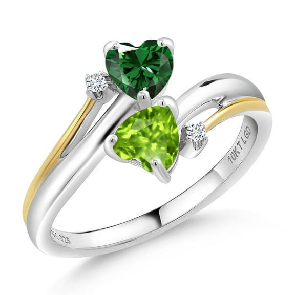 Gem Stone King 925 Sterling Silver and 10K Yellow Gold Green Nano Emerald Green Peridot and Lab Grown Diamond 2 Heart Ring for Women 1.02 Cttw, Gemstone Birthstone (Size 6)
