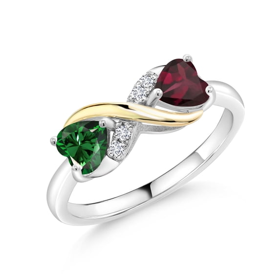 Gem Stone King 925 Sterling Silver and 10K Yellow Gold Green Nano Emerald Red Rhodolite Garnet and White Lab Grown Diamond Ring for Women (1.09 Cttw, Available in Size 5, 6, 7, 8, 9)