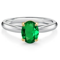 Gem Stone King 925 Sterling Silver and 10K Yellow Gold Green Nano Emerald Solitaire Engagement Ring for Women (0.75 Cttw, Oval 8X6MM, Gemstone May Birthstone, Available in Size 5, 6, 7, 8, 9)