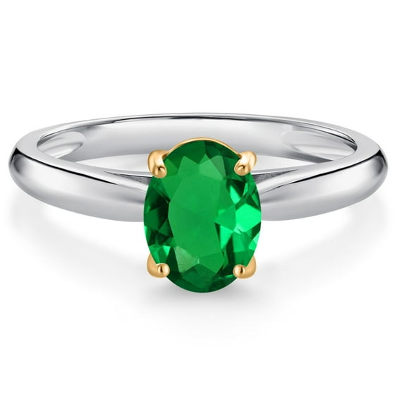 Gem Stone King 925 Sterling Silver and 10K Yellow Gold Green Nano Emerald Solitaire Engagement Ring for Women (0.75 Cttw, Oval 8X6MM, Gemstone May Birthstone, Available in Size 5, 6, 7, 8, 9)