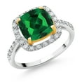 thumbnail image 1 of Gem Stone King 925 Sterling Silver and 10K Yellow Gold Green Nano Emerald and White Lab Grown Diamond Engagement Ring for Women (2.71 Cttw, Cushion Cut 8MM, Available in Size 5, 6, 7, 8, 9), 1 of 4