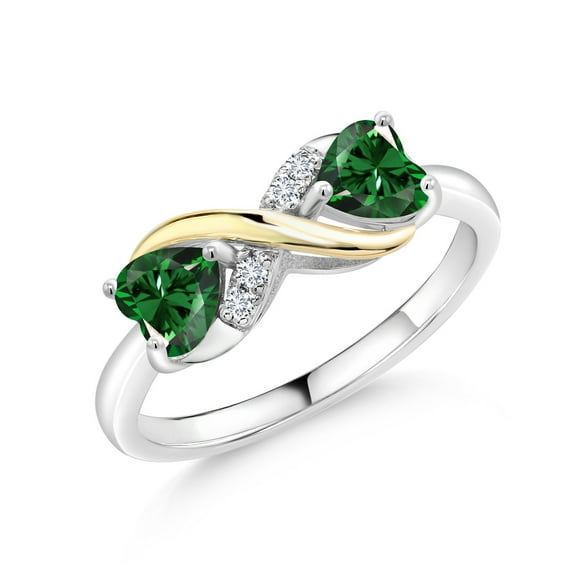 Gem Stone King 925 Sterling Silver and 10K Yellow Gold Green Nano Emerald and White Lab Grown Diamond Ring for Women (1.04 Cttw, Heart Shape 5MM, Available in Size 5, 6, 7, 8, 9)