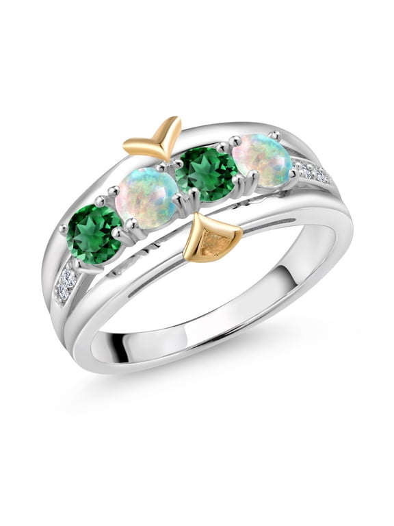925 Sterling Silver and 10K Yellow Gold Green Nano Emerald White Simulated Opal & White Lab Grown Diamond 4-Stone Band Ring for Women | 1.15 Cttw | Size 5,6,7,8,9
